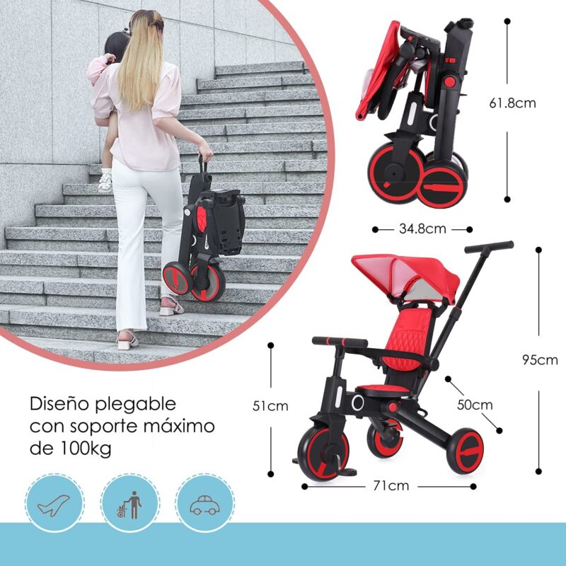 Coche Triciclo para niños 7 En 1 Rojo Úpale - Imagen 2