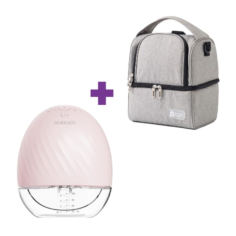 Extractor de leche Materna Inalámbrico Eléctrico Horigen Rosa + Bolso Térmico Gris + 2 Pilas De Hielo