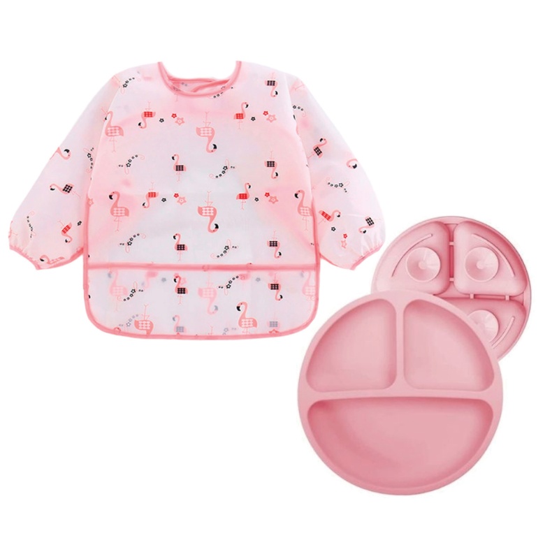 Combo Babero Mangas Largas Impermeable Flamingo 2 a 4 Años + Plato De Silicona Rosa 4 Ventosas Úpale
