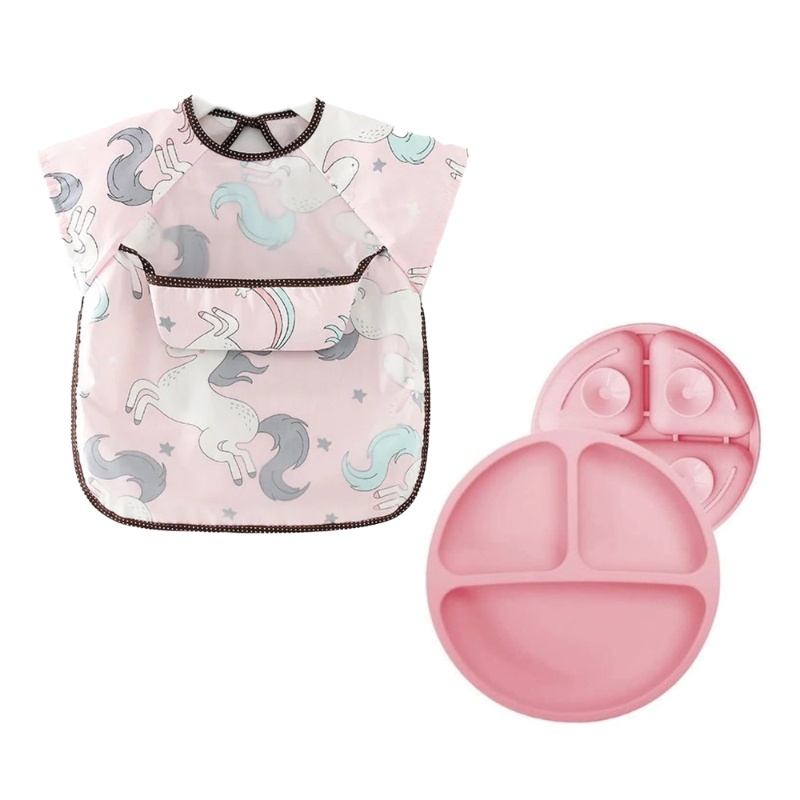 Combo Babero Mangas Cortas de Tela Unicornio 2 a 4 Años + Plato De Silicona Rosa 4 Ventosas Úpale