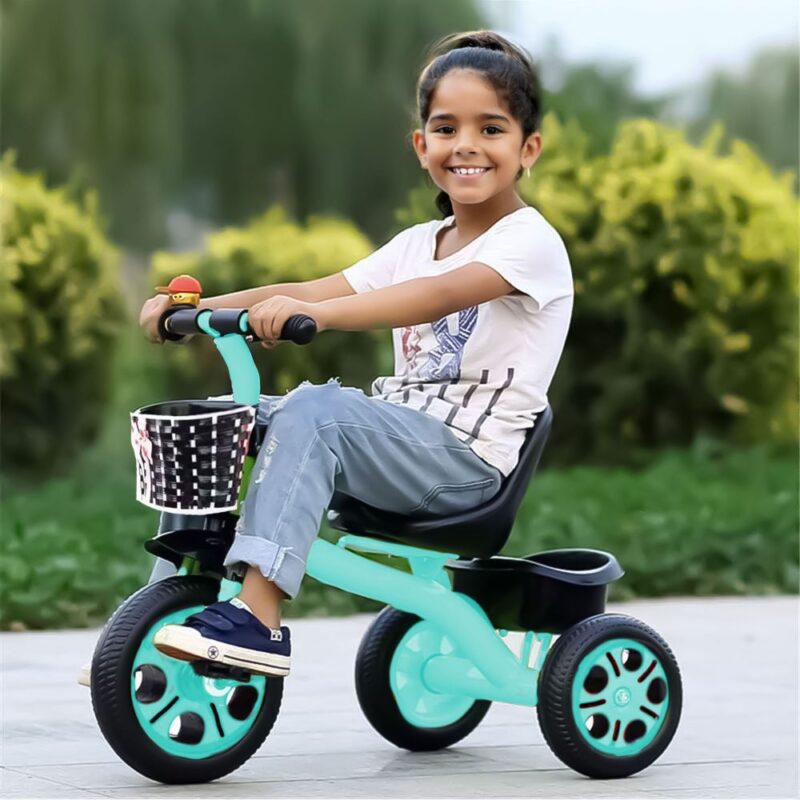 Triciclo Turquesa Con Canasta para niños Tejida Úpale - Imagen 3